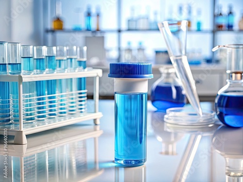 Clear plastic microcentrifuge tube containing a small amount of blue liquid solution, placed on a white laboratory bench amidst various scientific equipment and tools. photo