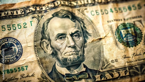 Close-up of a crumpled and worn five-dollar note featuring a historic American leader's portrait, symbolizing financial transactions and economic activity.