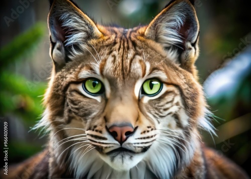 Close-Up Of A Handsome Lynx With Piercing Green Eyes And Thick Fur Looking Into The Camera