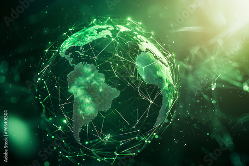 Green futuristic background with planet Earth. Internet and technology. Floating Green plexus geometric background.