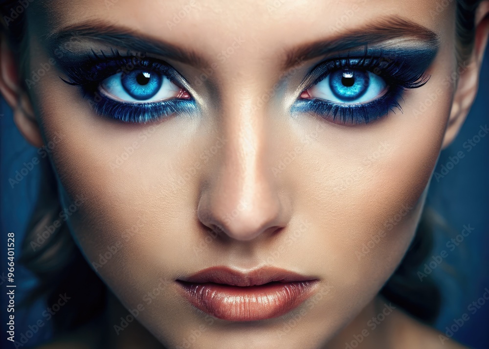 Close-Up Of A Piercing Gaze Captured Through Vibrant Blue Eyes, Framed By Soft Lashes And Subtle Makeup. Close-Up Of A Piercing Gaze Captured Through Vibrant Blue Eyes, Framed By Soft Lashes And Subtle Makeup.