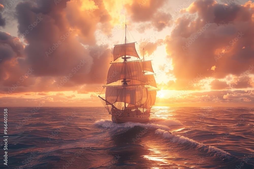 Fototapeta premium A majestic sailing ship with billowing sails navigates through a sea of golden light at sunset. The clouds are painted with vibrant orange hues, and the ocean shimmers with reflected sunlight.