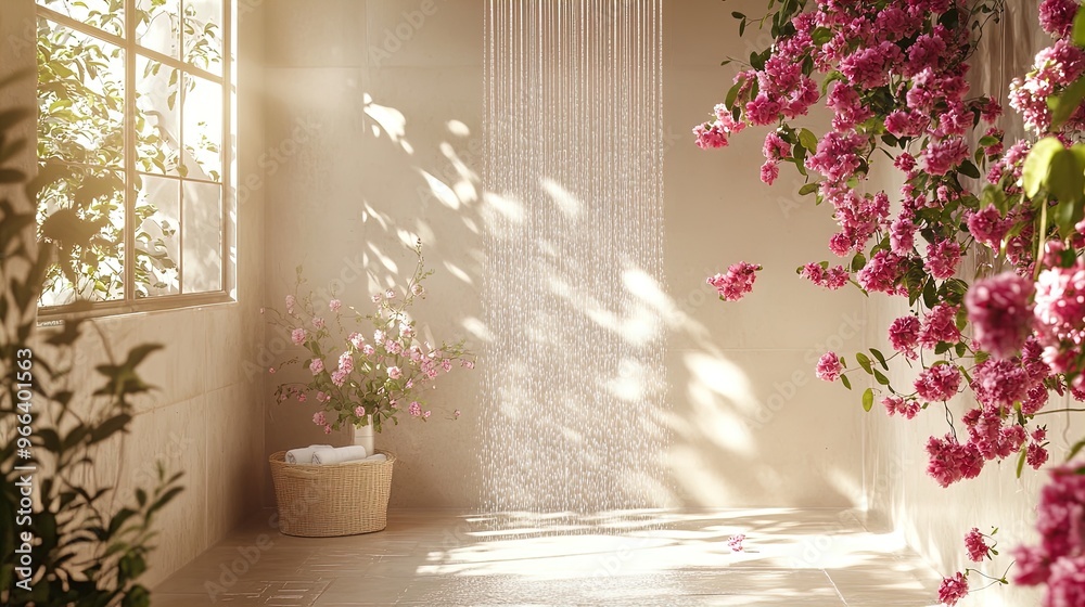 Transform Your Space with a Chic Shower Poster: Elegant Bathroom Corner Featuring Refreshing Rainfall and Pink Floral Arrangements, Perfect for Brightening Any Interior Transform Your Space with a Chic Shower Poster: Elegant Bathroom Corner Featuring Refreshing Rainfall and Pink Floral Arrangements, Perfect for Brightening Any Interior