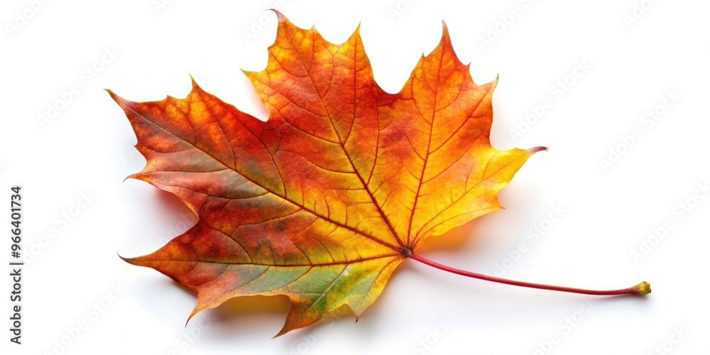 Close-Up Of A Single Maple Leaf In Vibrant Autumn Colors On A White Background, Symbolizing The Canadian Landscape. Close-Up Of A Single Maple Leaf In Vibrant Autumn Colors On A White Background, Symbolizing The Canadian Landscape.