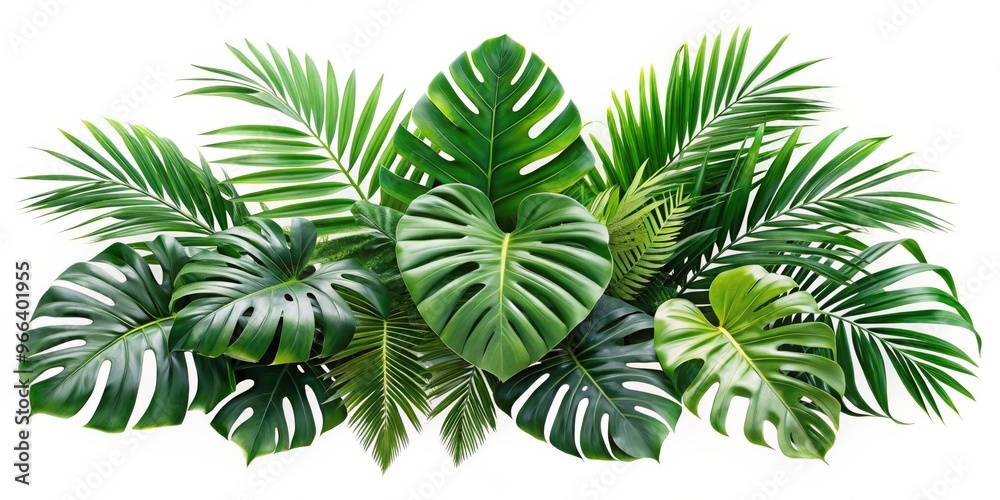 Tropical Green Foliage Arrangement - White Background, Palm Leaves, Monstera ,Tropical, Nature, Green Tropical Green Foliage Arrangement - White Background, Palm Leaves, Monstera ,Tropical, Nature, Green