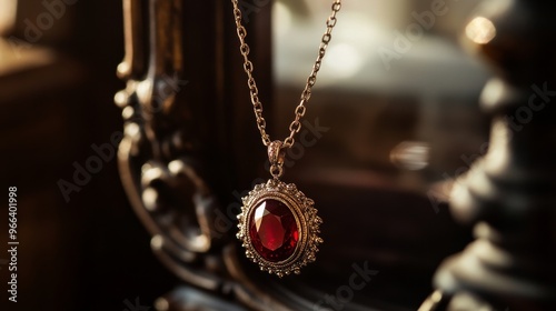 A close-up of an ornate ruby pendant necklace, elegantly displayed against a dark, vintage background.