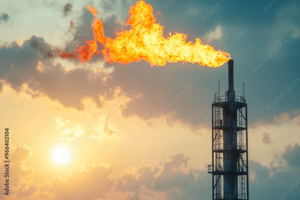 Methane Gas Fire High Flare Stack Flaring Tower Platform in Refinery Petroleum Plant or Flame Burn. Methane Gas Fire High Flare Stack Flaring Tower Platform in Refinery Petroleum Plant or Flame Burn.