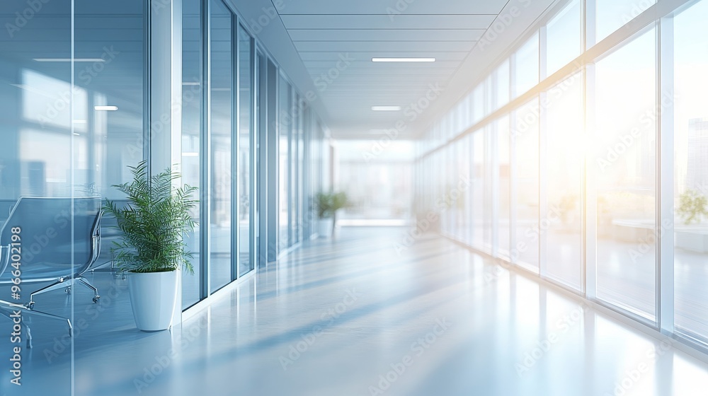 Spacious office with open desks and floor-to-ceiling windows showing a sunrise Spacious office with open desks and floor-to-ceiling windows showing a sunrise