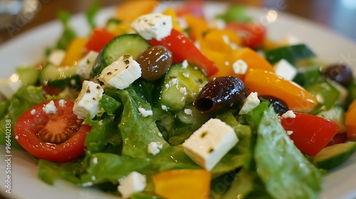 A fresh Greek salad loaded with olives, feta cheese, and crisp vegetables photo