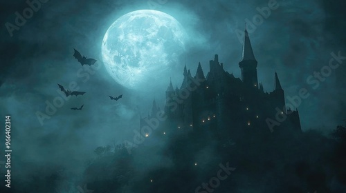 Gothic castle under a full moon, with torches lit and bats flying, evoking a Halloween atmosphere. Halloween holiday concept.