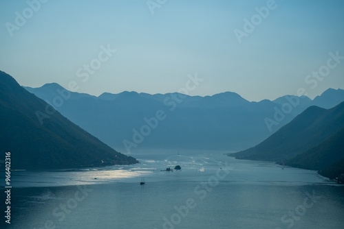Wallpaper Mural Serene mountain bay at dusk with distant boats. Montenegro, Bay of Kotor Torontodigital.ca