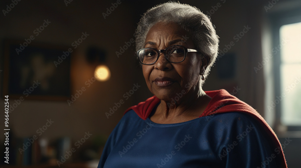 An African American superhero woman stands confidently in her cozy home, showcasing her vibrant costume and unique glasses An African American superhero woman stands confidently in her cozy home, showcasing her vibrant costume and unique glasses