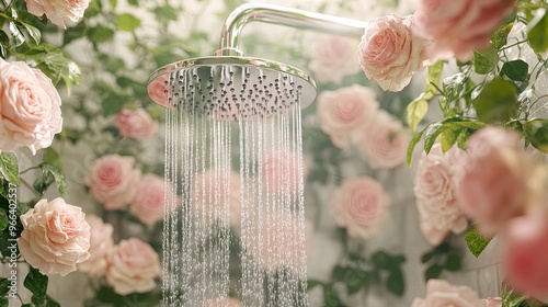 Elevate Your Space: A Serene Chrome Shower Experience Surrounded by Pink Roses – Perfect for a Spa-inspired Poster in Your Bathroom or Wellness Retreat! photo