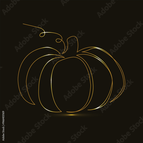 Halloween pumpkin. Autumn vegetable. One line continuous drawing. Isolated on Black Background. Trick or Treat. Neon orange luminous sign. Line art. Happy Halloween day. Jack-o-lantern. Glowing. Gold
