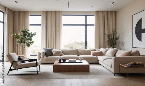 A modern living room with a large sectional sofa and a sleek coffee table, perfect for relaxing and entertaining guests