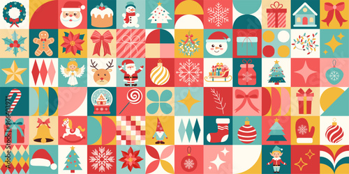 Christmas geometric pattern. Bauhaus style. The image is a collage of various Christmas symbols, including Santa Claus