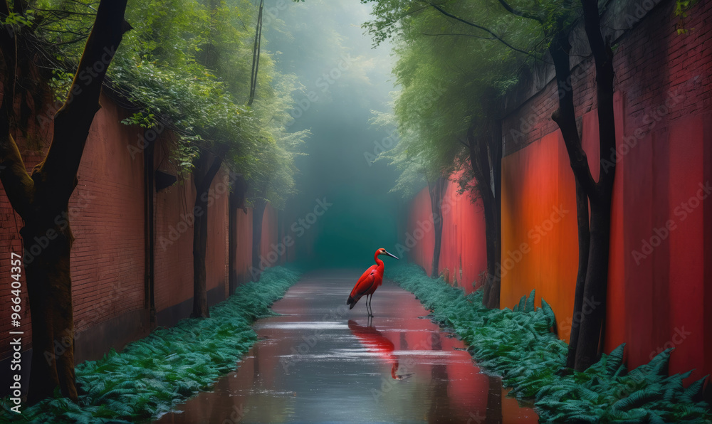 Obraz premium A scarlet ibis stands in a misty, red-walled alleyway in China