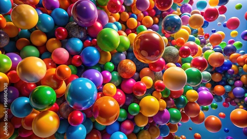 Colorful balls cascade downwards, overlapping and bouncing off each other in mid-air, creating a mesmerizing and dynamic display of movement and vibrant hues.