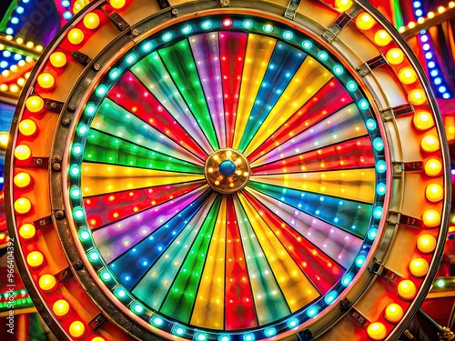 Colorful carnival game wheel spins with excitement, its vibrant sections and flashing lights inviting players to take a chance on winning big prizes. photo