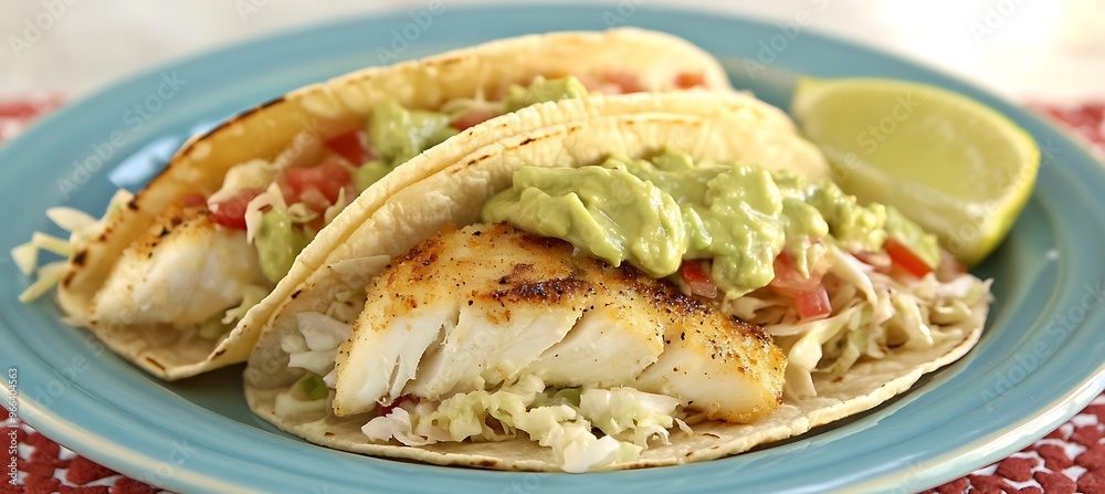 A fresh, zesty fish taco loaded with cabbage slaw and creamy avocado sauce A fresh, zesty fish taco loaded with cabbage slaw and creamy avocado sauce