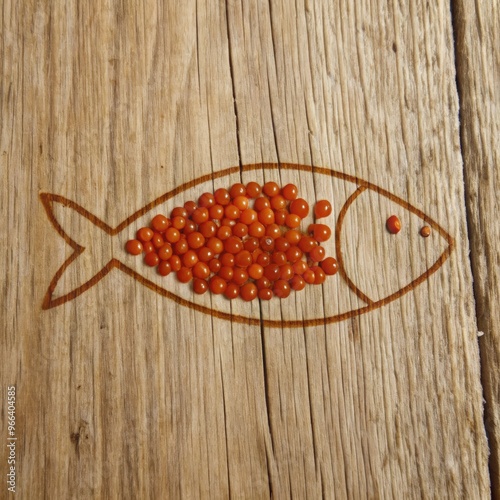 Simple minimalistic fish roe design on rustic wooden background. Generative AI