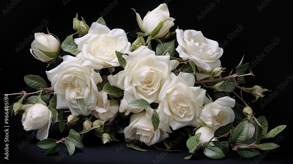 A delicate corner bouquet of white roses on a deep black background. A delicate corner bouquet of white roses on a deep black background.