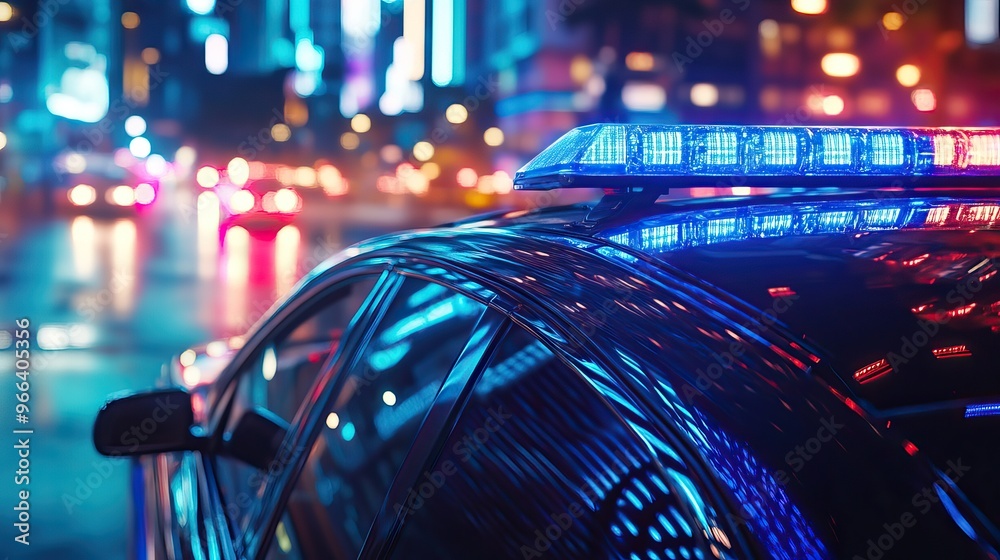 Police car with flashing lights at night. AI generated image Police car with flashing lights at night. AI generated image