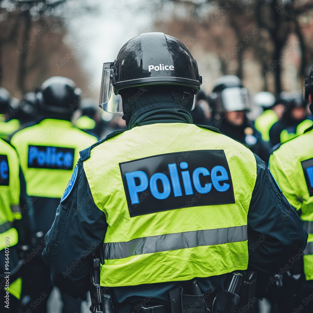 Obraz premium Police officers in bright yellow jackets monitoring a crowd. AI generated image