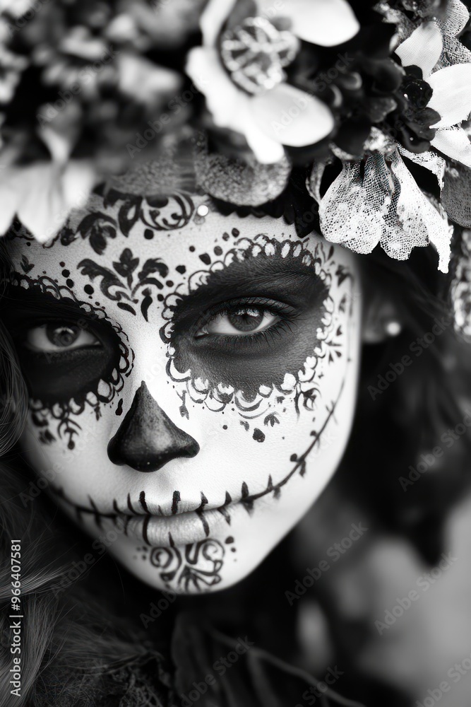 A woman with intricate sugar skull makeup and floral headpiece, embodying cultural celebration. A woman with intricate sugar skull makeup and floral headpiece, embodying cultural celebration.