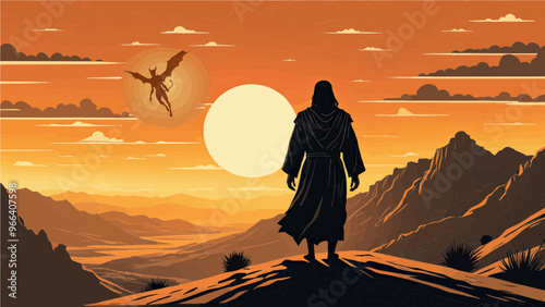 Silhouette illustration of Jesus in Desert. Depiction of the temptation of Satan concept