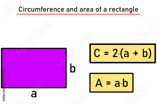 The circumference and area of the rectangle in purple with formulas in a yellow frame