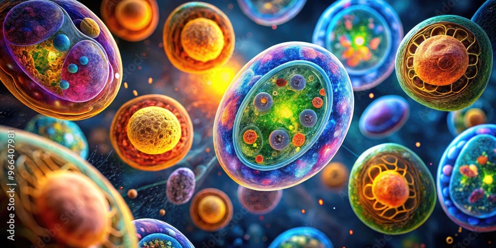 Colorful microscopic image of cellular structures, featuring vibrant ...