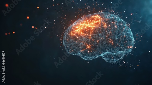A digital representation of a human brain with neural connections and glowing nodes, illustrating artificial intelligence and neural networks.