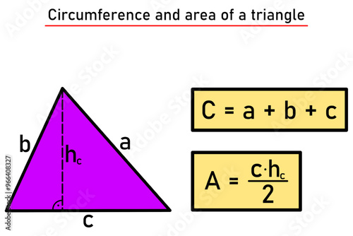 Circumference and area of a triangle in purple with formulas in a yellow frame