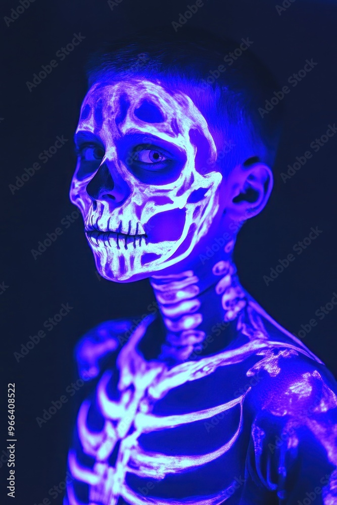 A child with body paint resembling a glowing skeleton in a dark setting. A child with body paint resembling a glowing skeleton in a dark setting.