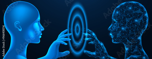 Human contact with digital artificial intelligence. Polygonal design. Blue background.