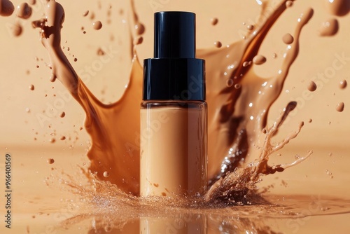 Dynamic shot of a foundation concealer bottle surrounded by splashes of liquid cream, emphasizing the fluid and blendable formula photo