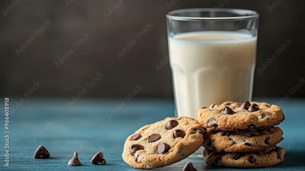 Close-Up of Milk Glass and Stacked Cookies on Blue Surface Close-Up of Milk Glass and Stacked Cookies on Blue Surface