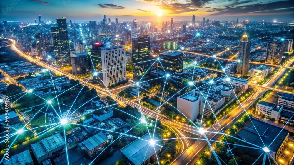 A Stunning Drone View of a Smart City Featuring Glowing Tech Lines for Future Urban Planning and Development A Stunning Drone View of a Smart City Featuring Glowing Tech Lines for Future Urban Planning and Development