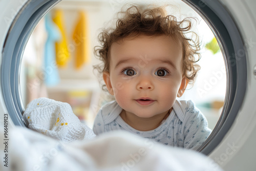 Curious Baby Peeking Into Washing Machine Drum