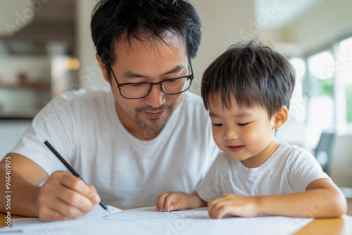 Father and Son Drawing Together at Home