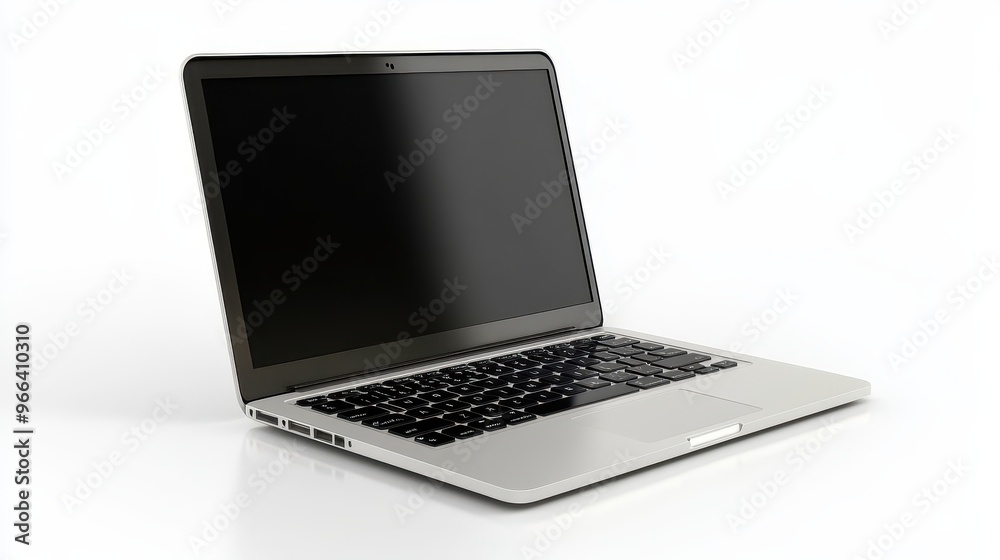 Silver Laptop with Black Screen on White Background Silver Laptop with Black Screen on White Background