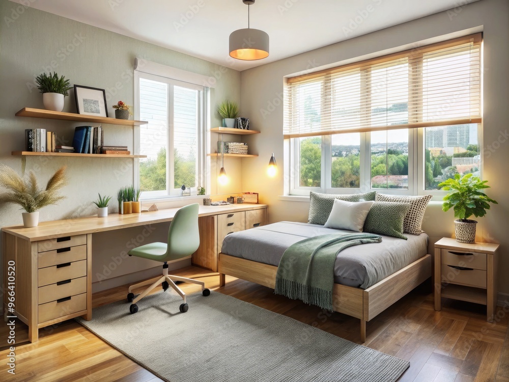 Cozy college dorm room interior with comfortable bed, tidy desk, and modern decor, featuring a calm color scheme and abundant natural light filtering through large windows. Cozy college dorm room interior with comfortable bed, tidy desk, and modern decor, featuring a calm color scheme and abundant natural light filtering through large windows.