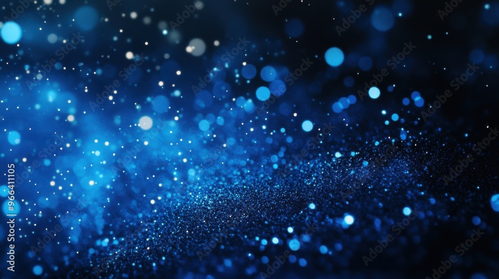 Scattered deep blue particles against a dark backdrop create a striking, festive design element