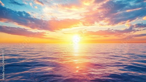 A serene sunset over the ocean, reflecting vibrant colors on the water's surface, evoking tranquility and beauty.