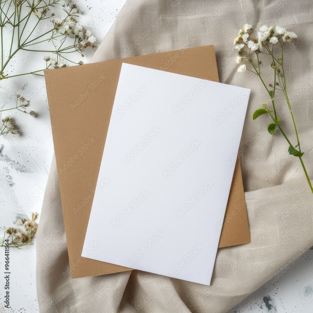 Vertical blank white card mock up on table with minimalist bohemian decor of dried flowers and leaves. Vertical blank white card mock up on table with minimalist bohemian decor of dried flowers and leaves.