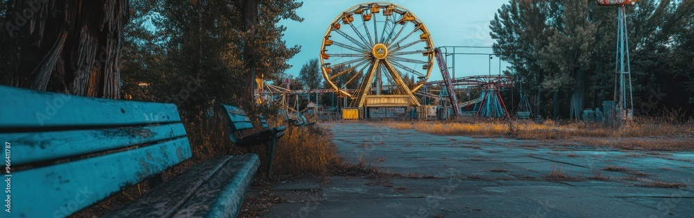 An abandoned amusement park with a ferris wheel and overgrown vegetation. An abandoned amusement park with a ferris wheel and overgrown vegetation.