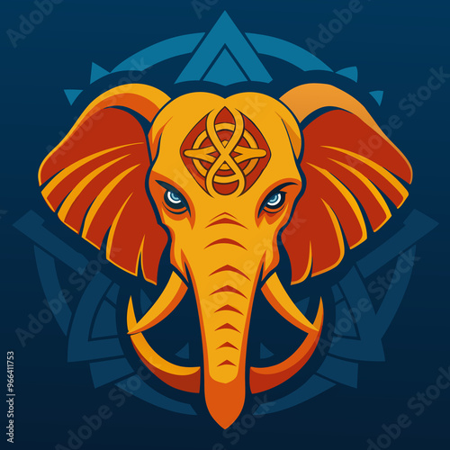 Elephant head in orange tones, celtic ornament, t-shirt print, blue background, copy space photo