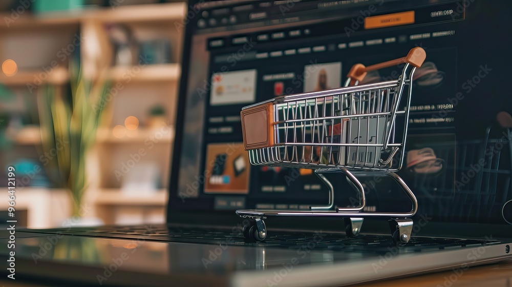 A shopping cart with packages on a laptop keyboard represents online shopping. AI generated image
