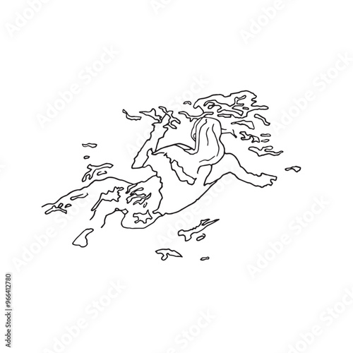 Silhouette d'une jeune femme vue de haut qui se baigne et nage dans l'eau avec des vaguelettes autour d'elle. Esquisse, design à la main en noir et blanc minimaliste et épuré
